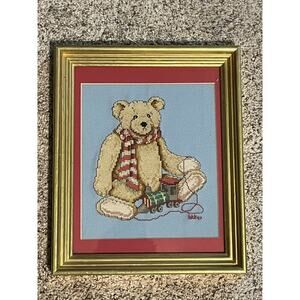Teddy Bear & Toy Train Cross Stitch Vintage 1997 Hancrafted 12 x 10
